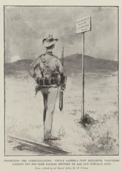 Ochotnicy z Port Elizabeth, chroniący komunikację, wypatrują Boer Raiderów między De Aar a Norval